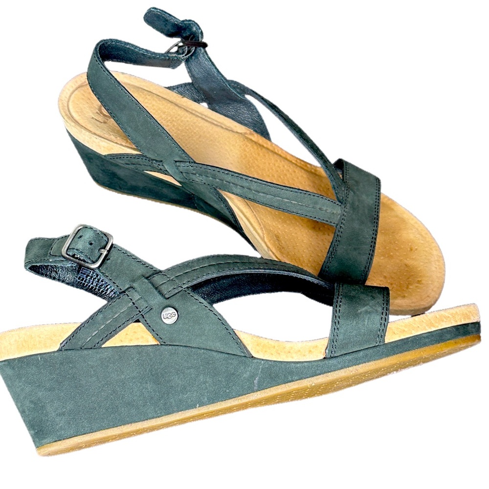 UGG Black Strappy Buckle Wedges 7